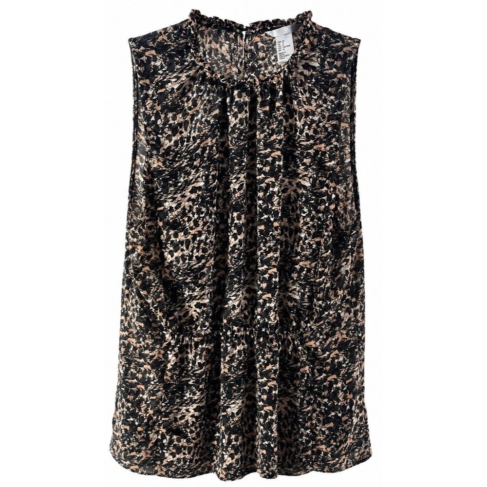 Chic H&M Sleeveless Blouse Size 8 Gathered Waist Ruffle Neck Neutral Print